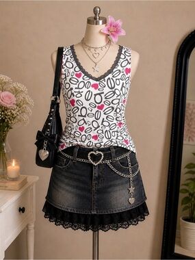 Bebe lace trim sleep tank white black pink logo heart print size S Y2K